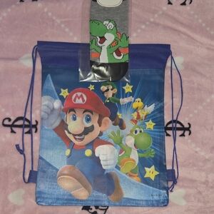 Super Mario Kids Drawstring Backpack - Blue With Socks